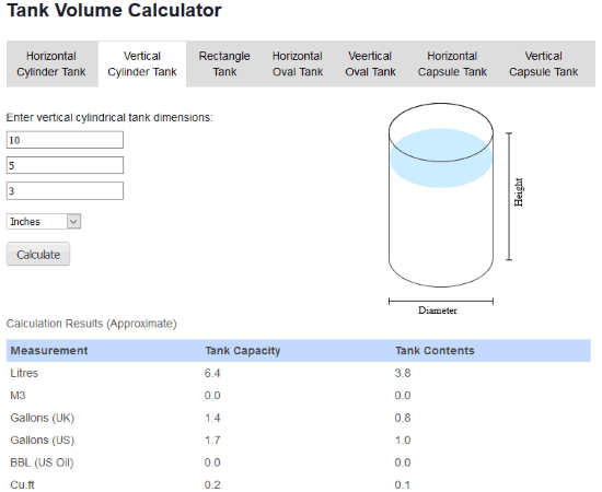 Alloiltank website with verticle cylinder tank calculator