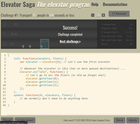 Elevator Saga JavaScript game