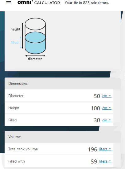 Omicalculator website with vertical tank volume calculator