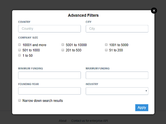 CoRepo company search engine search filters