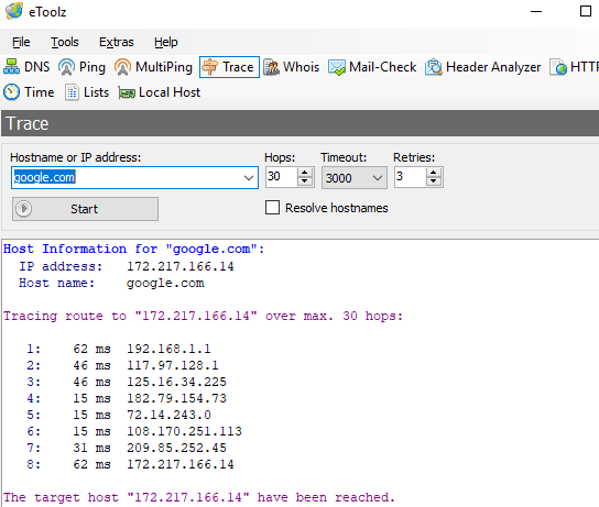 eToolz trace route