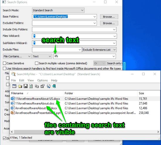 files containing search text are visible