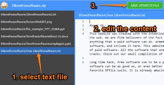select text file edit content and save zip