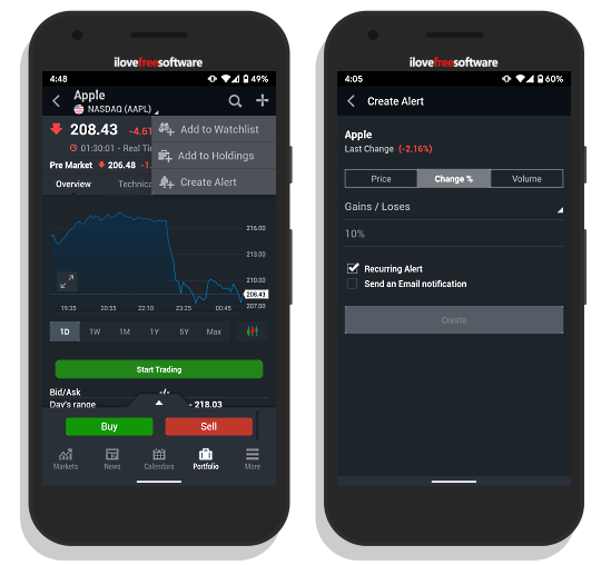 track stock portfolio with alerts using Investing.com