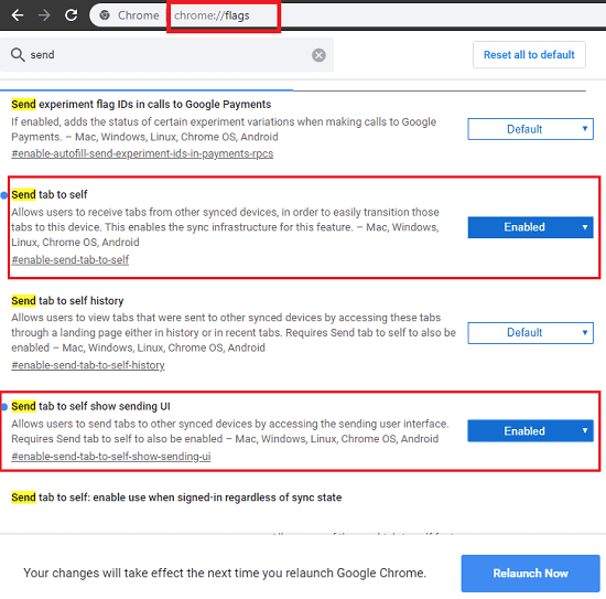 Chrome Flags settings for send tabs to self