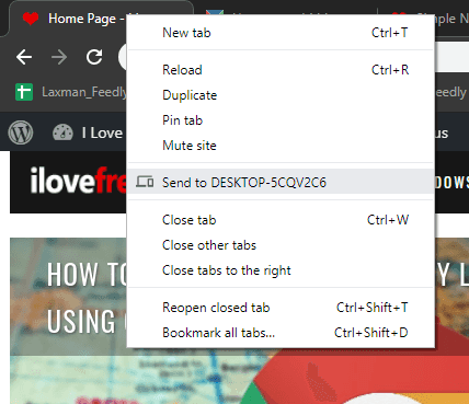 Chrome Send Tab to Self feature in action