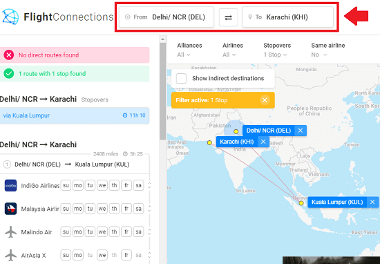 FlightConnections Route bw two locations