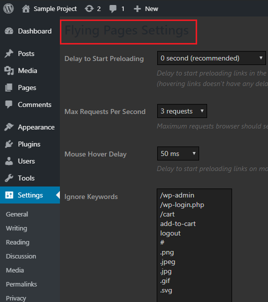 Flying Pages WordPress settings