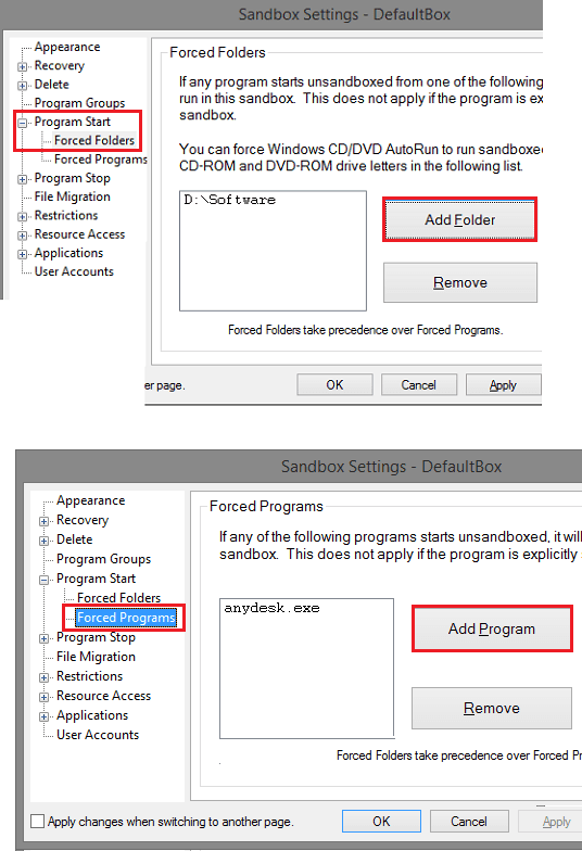 Forced Folders and Forced Programs Sandboxie