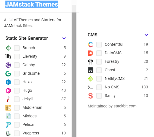 JAMstack Themes Filters