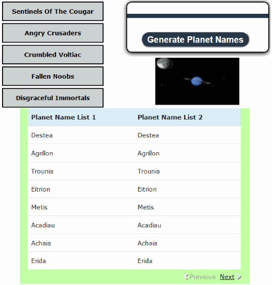 NGenerators Planet Name Generator interface