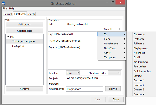 QuickText Thunderbird Create a Template
