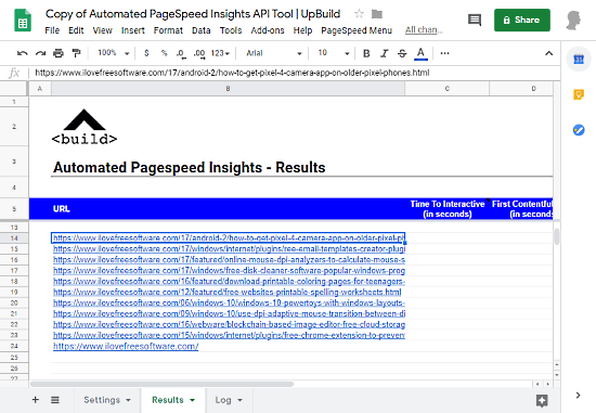 automate pagespeed insight for multiple url in google sheets
