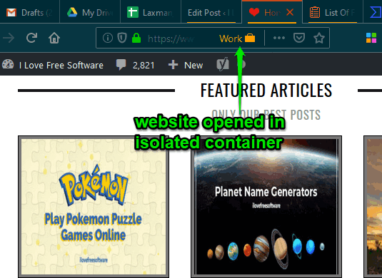 website opened in isolated container in firefox automatically