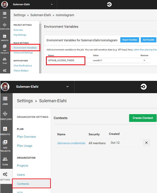 CircleCi env and token