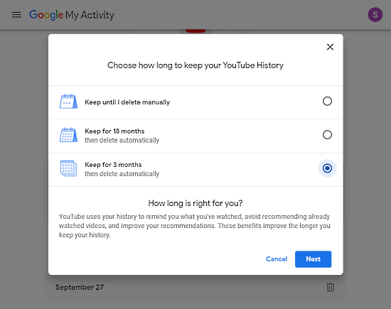 set YouTube history to auto-delete