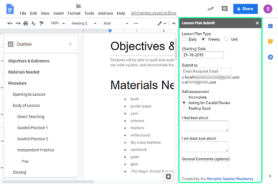 lesson plan review in google docs