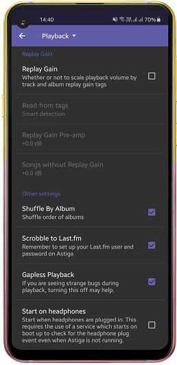 Astiga Playback Settings