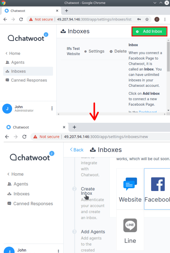 Chatwoot create inbox