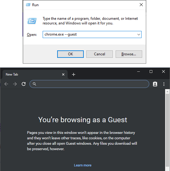 Chrome guest mode via run