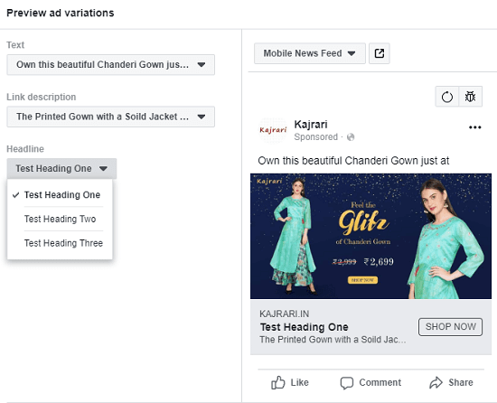 Responsive ads preview Facebook