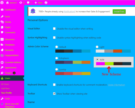 WP Admin Color Changer in action