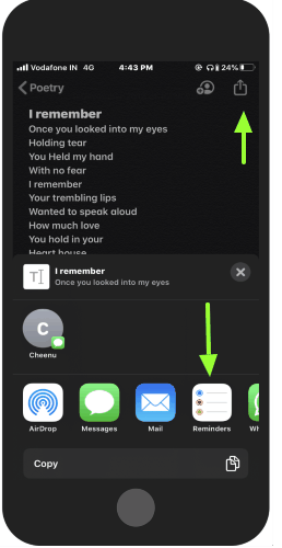 create notes to share with Reminders app