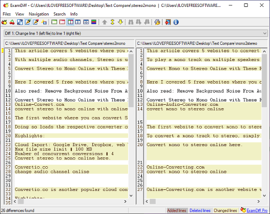 ExamDiff Text Compare feature