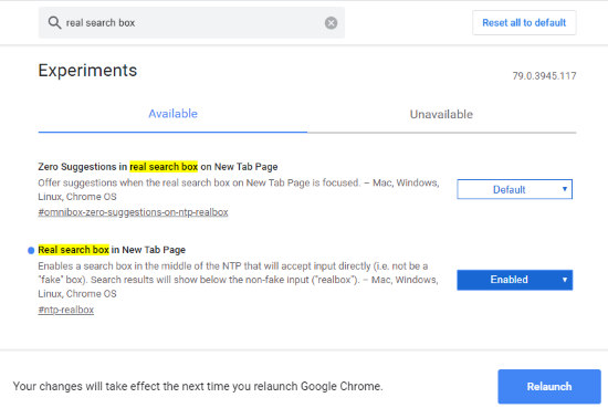 activate real search box in Google Chrome