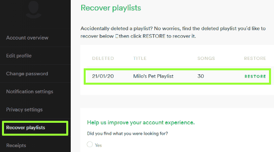 find option to recover deleted Spotify playlists