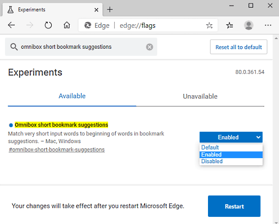 How to Enable Short Bookmark Suggestions in Omnibox of Edge Chromium 1