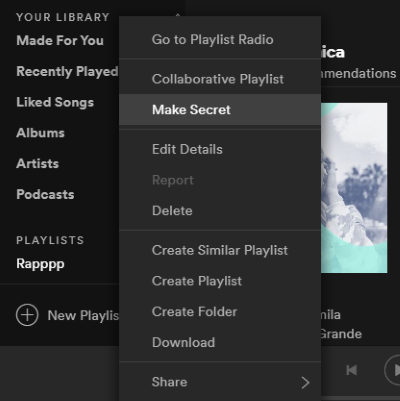 make your playlist secret using desktop