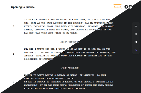 online screenwriting tool with dark mode