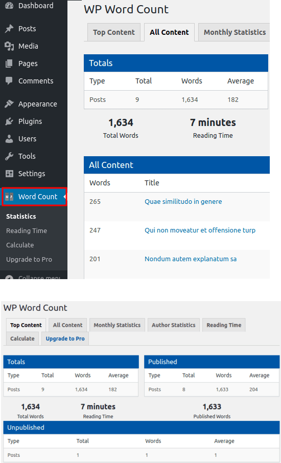 Wp Word Count in action