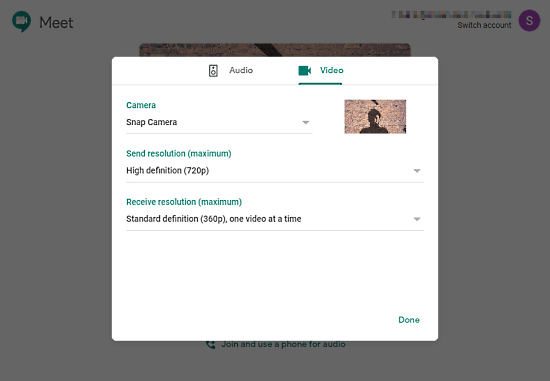 change camera resolution in Google Meet