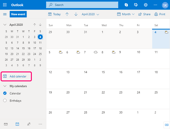add calendar in Outlook
