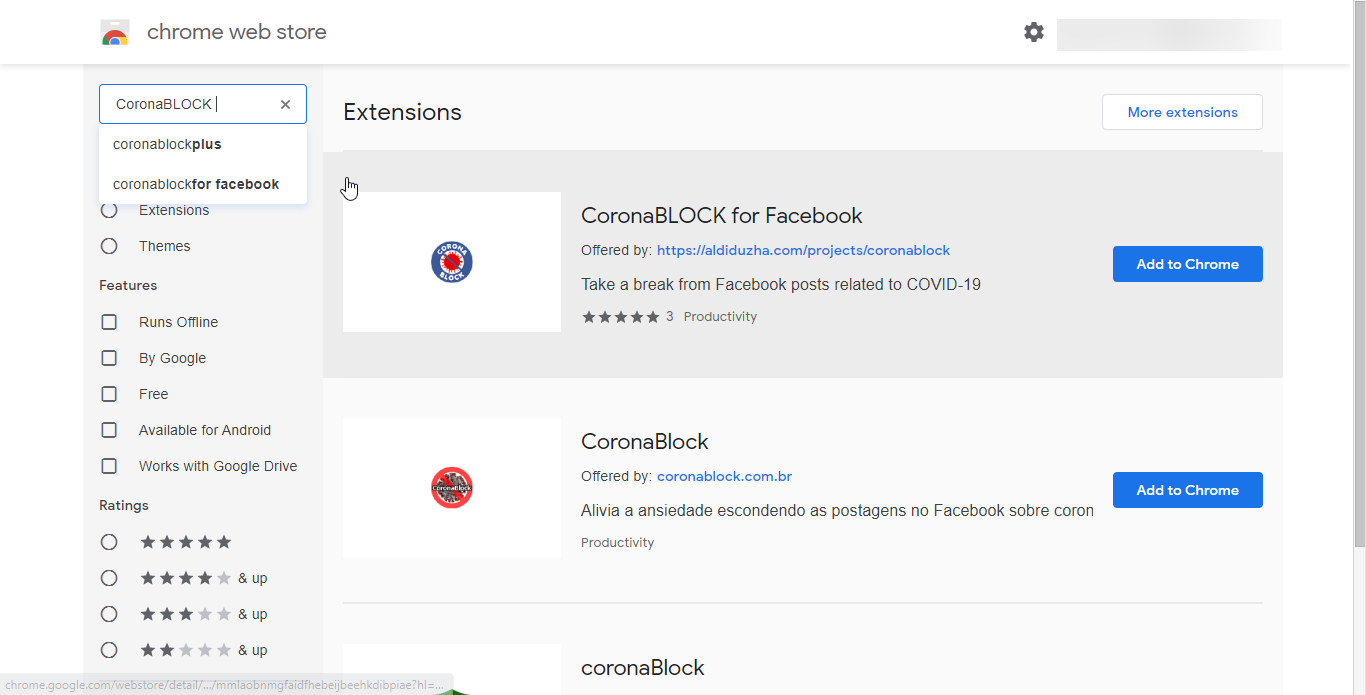 CoronaBLOCK Chrome Extension