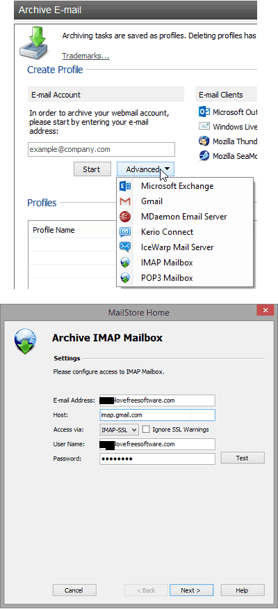 MailStoreHome imap settings