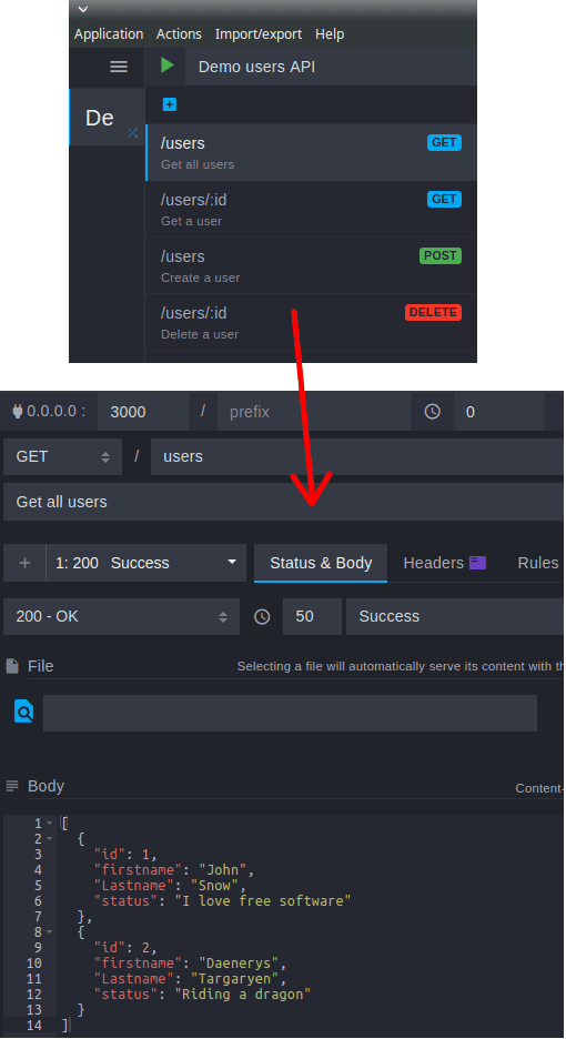 Mockoon api route and response