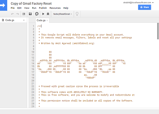 reset gmail using google scripts