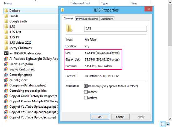 google drive folder size