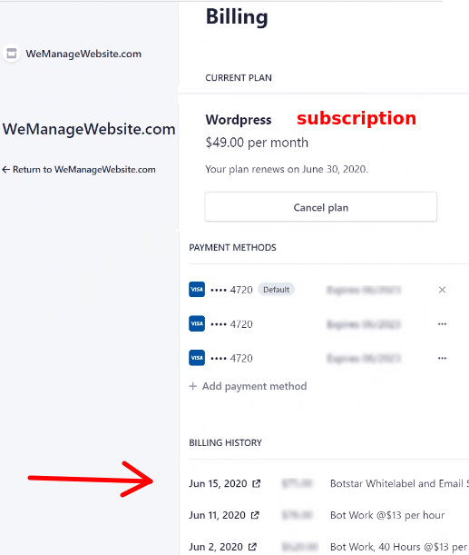 subscription and billing history