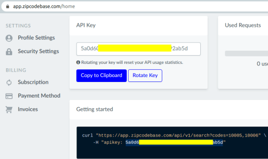 Zipcodebase Dashboard Home