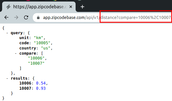 Zipcodebase api distance