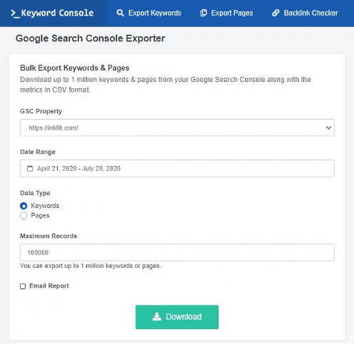 Download 1 Million pages with Search Metrics from Search Console