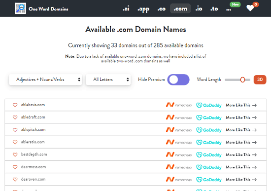 Find 1 Word Brandable domains