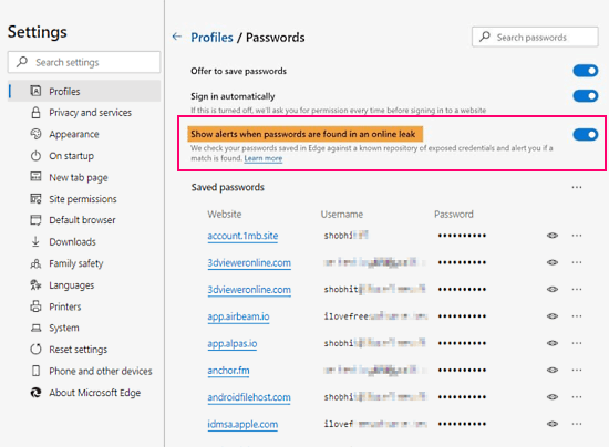 Get Alerts of Password Leaks in Microsoft Edge