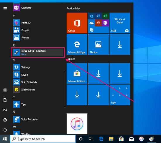 pin app to the start menu