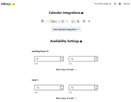 availability status page without sharing calendar