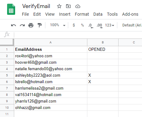 email verification data updated in sheet